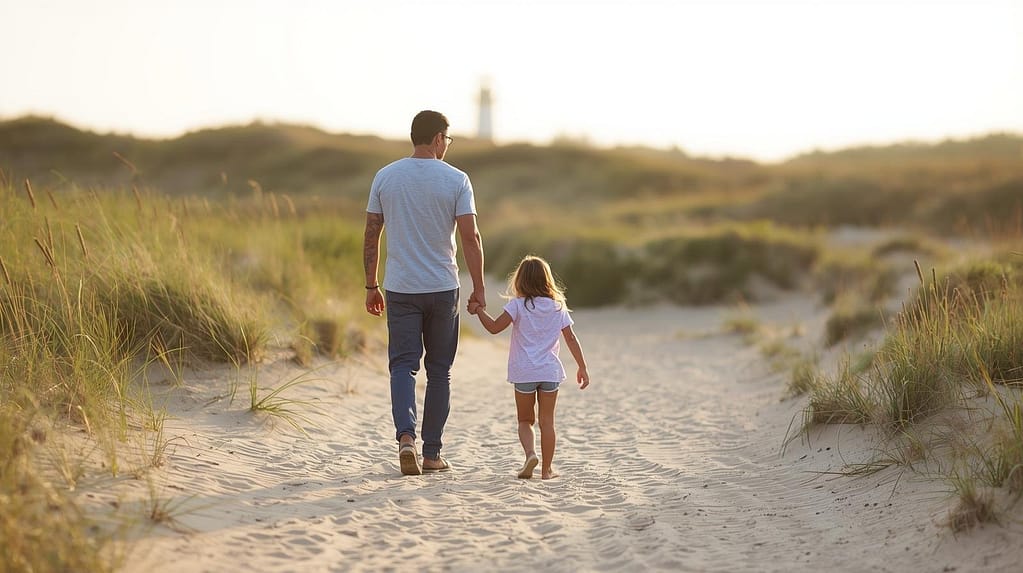 Parent guiding child with lighthouse in view, symbolising calm structure and independence.